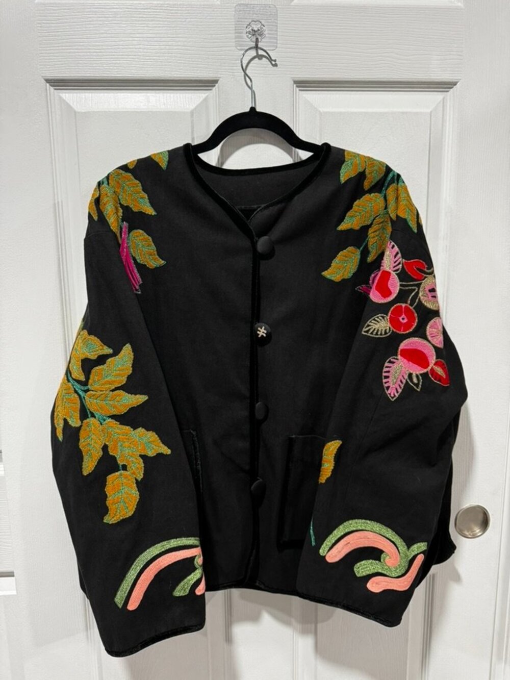 Embroidered black coat jacket floral art. cotton.